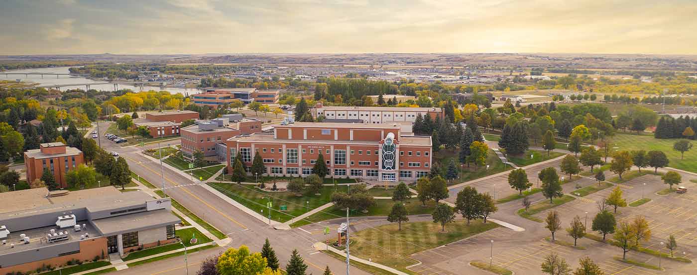 aerial view of bismarck and science center at sunset